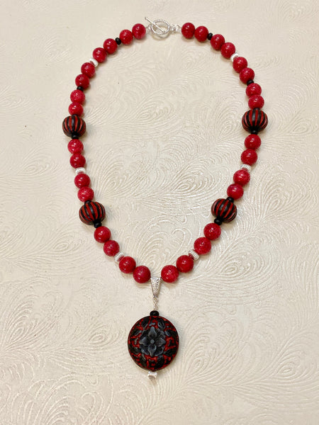 Exotic Carved Cinnabar, dyed Red Coral and Fluted Silver Beaded Necklace