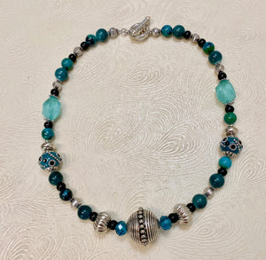 Peaceful Turquoise Glass and Silver Metal Bead Necklace