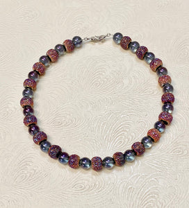 Flashy Shimmering Pave Bead and Iridescent Glass Bead Necklace