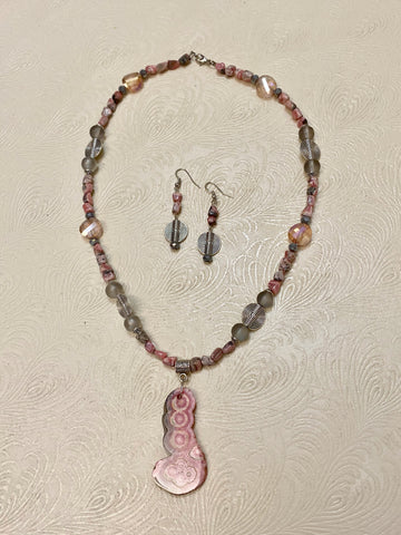 Sublte Natural Pink & Gray Stone and Antique Silver Necklace & Earring Set