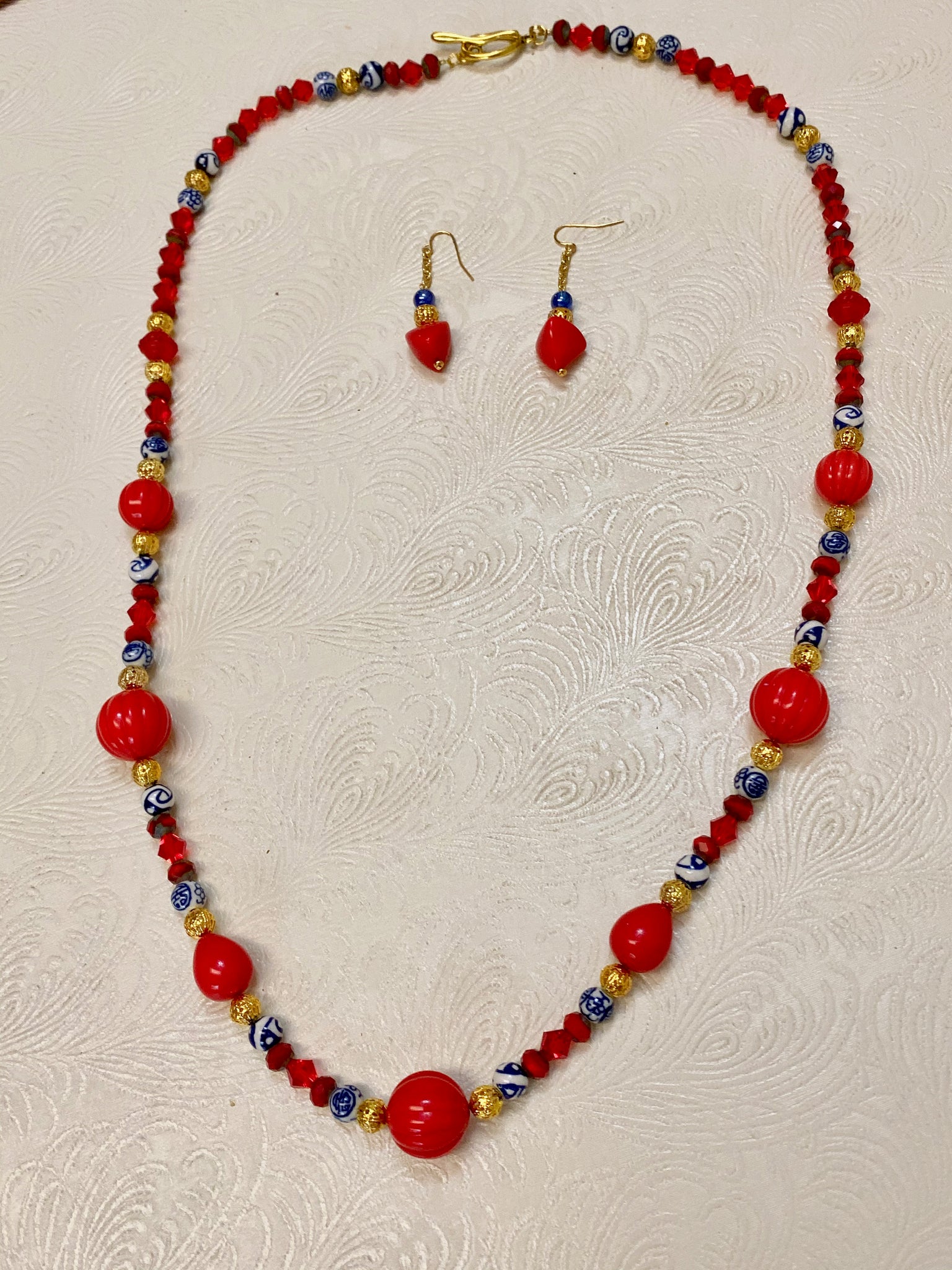 Classic Red, White, Blue and Gold Filigree Necklace & Earring Set