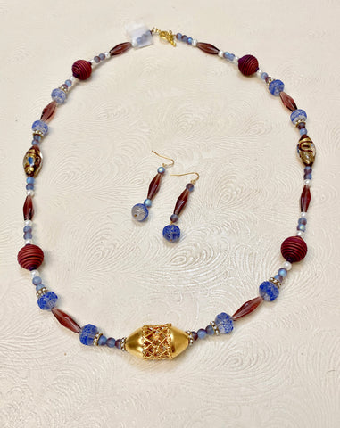 Plum & Blue with Large 22K Matte Gold Plated Feature Bead Necklace & Earring Set