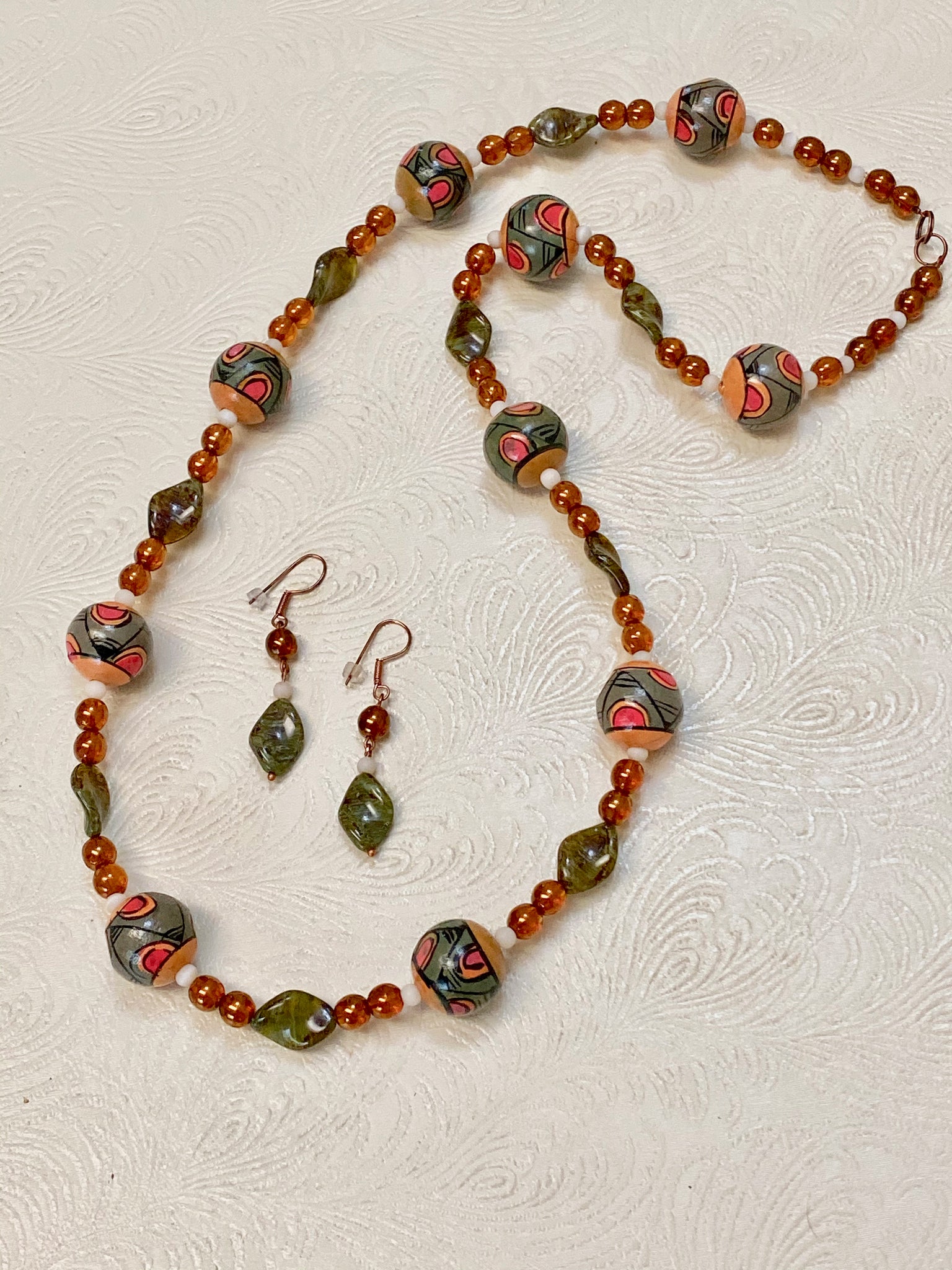 Spiritual Feeling Vintage Wood Bead and Glass Necklace & Earring Set