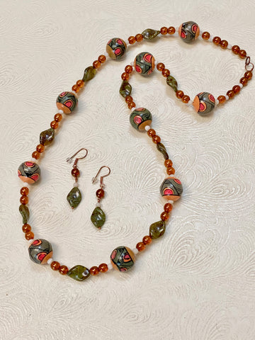 Spiritual Feeling Vintage Wood Bead and Glass Necklace & Earring Set