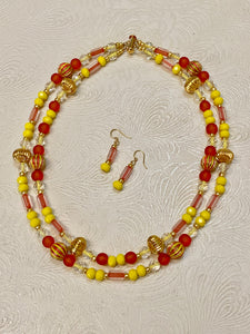 Sunshine & Joy! Yellow, Orange & Gold Bead Double Strand Necklace & Earring Set