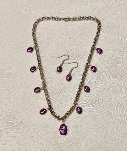 Purple Cabochon Charms on Rolo Chain Necklace & Earring Set