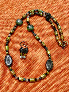 Earthy Green Stone and Glass Necklace & Earring Set