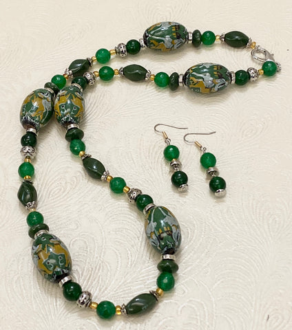 Green with Envy and Silver Metal Necklace & Earring Set