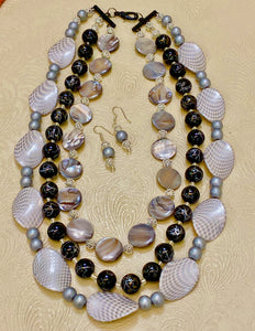 In-Your-Face-Bold 3-Strand Gray, Black & Silver Necklace & Earring Set