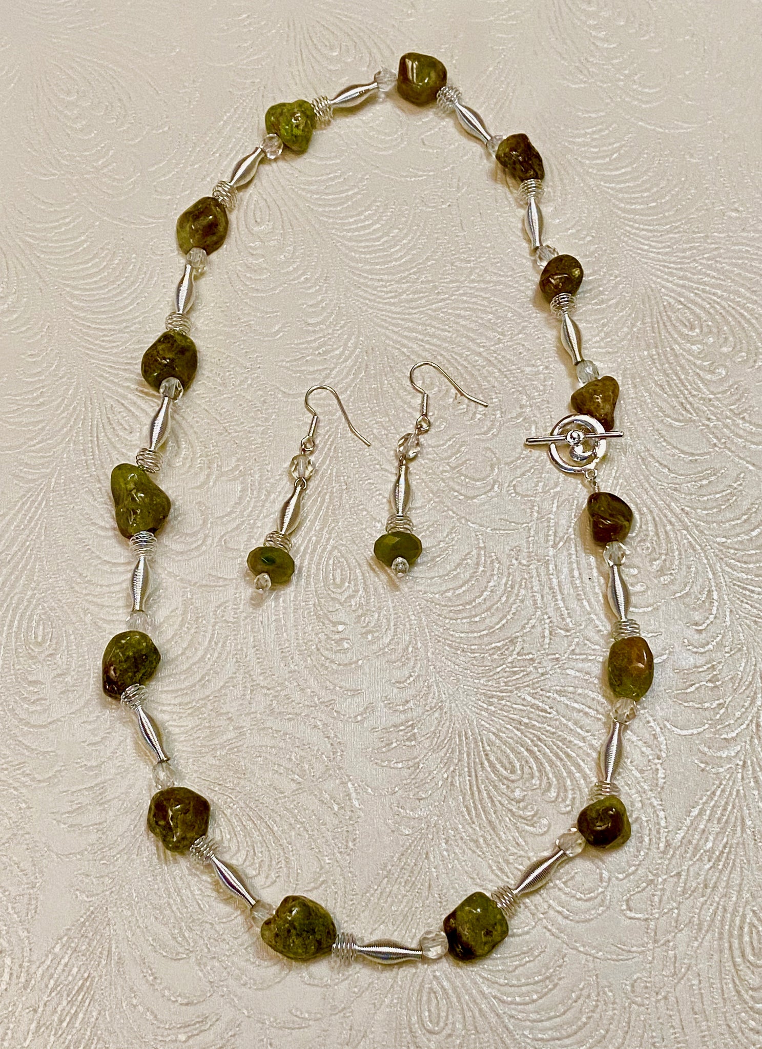 Green Garnet Polished Nuggets and Silver Spacers Necklace & Earring Set