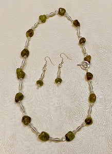 Green Garnet Polished Nuggets and Silver Spacers Necklace & Earring Set