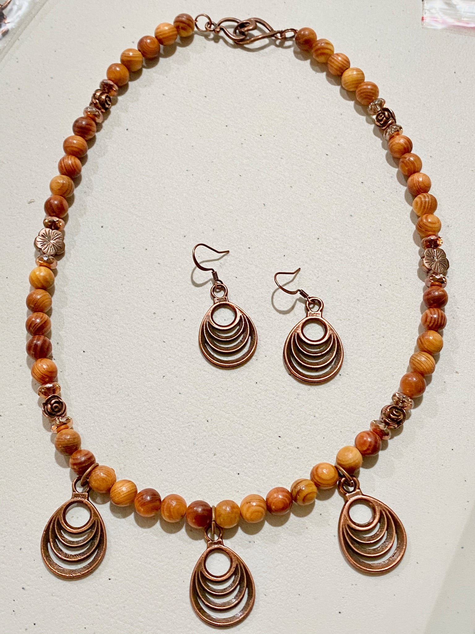 Beautiful Grained Natural Wood and Copper Charms Necklace & Earring Set