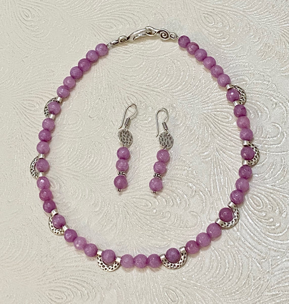 Lavender Violet Jade and Hammered Matte Sterling Silver-Plated Necklace & Earrings