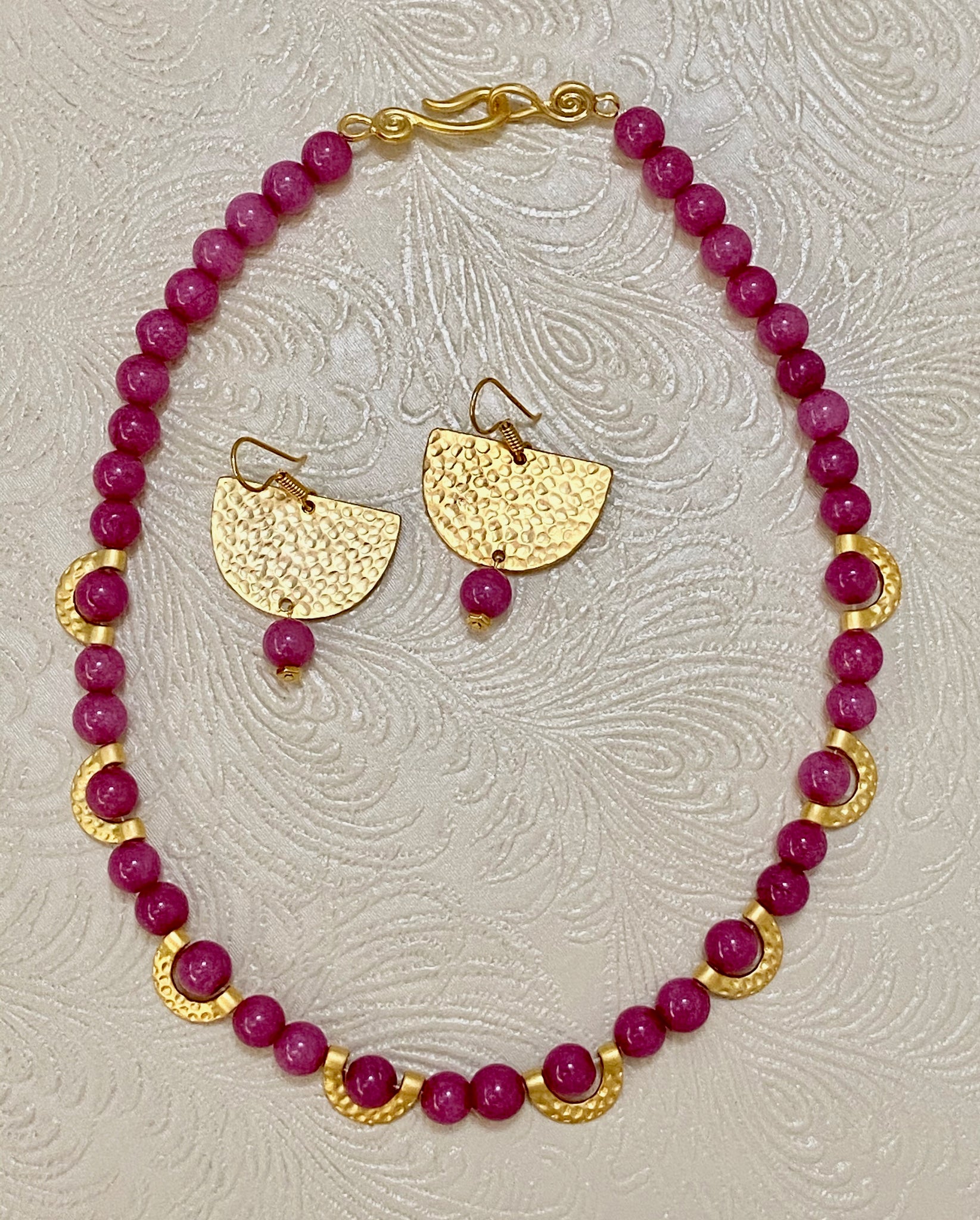 Violet Raspberry Jade and Hammered Matte 22K Gold-Plated Necklace & Earrings