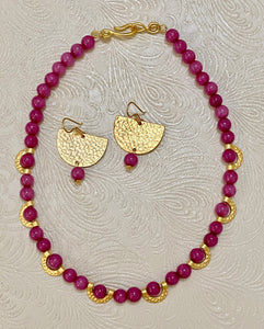 Violet Raspberry Jade and Hammered Matte 22K Gold-Plated Necklace & Earrings