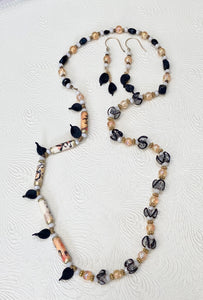 Asian Garden in Black, Pale Orange & Blush Asymmetric Design Necklace & Earring Set