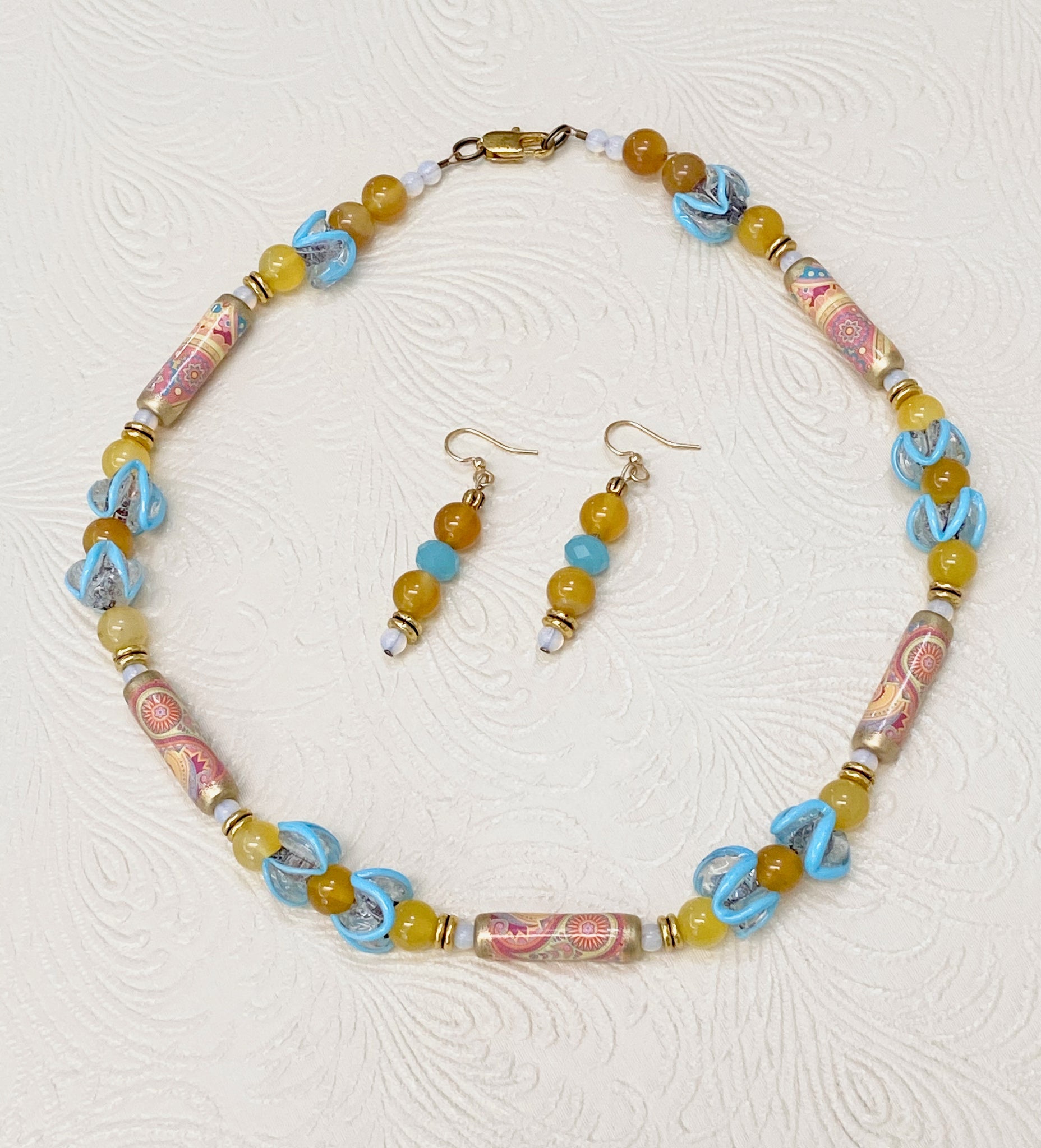 Paisley Pastel Design in Yellow & Powder Blue Necklace & Earring Set