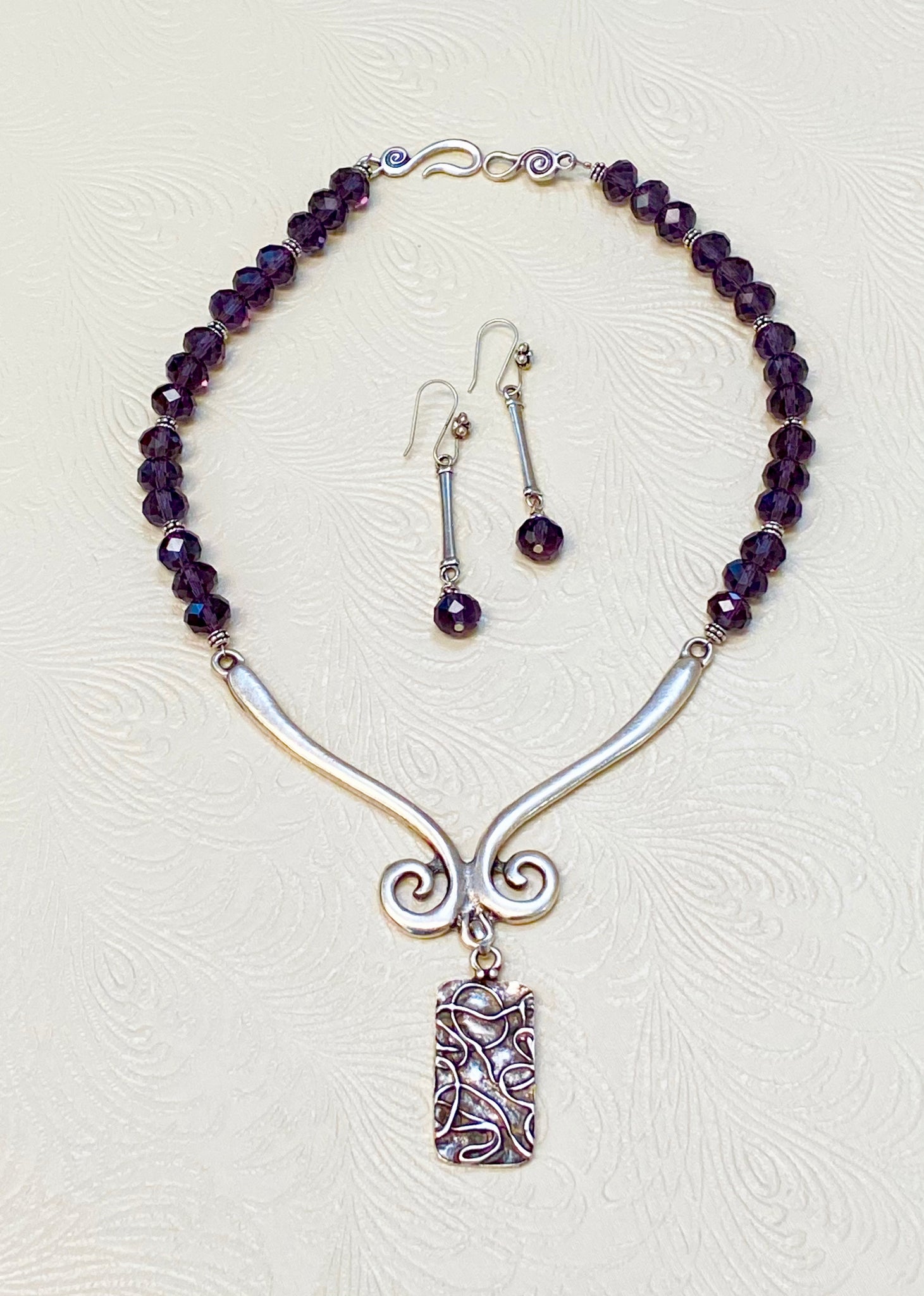 Bold Silver & Amethyst Necklace & Earring Set