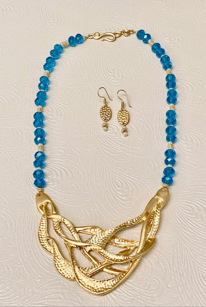 Glamor in Gold & Deep Aquamarine Necklace & Earring Set