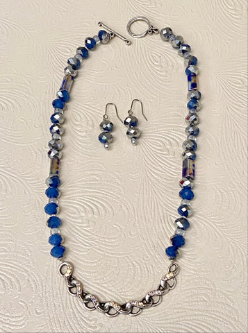 Silver Plate Crystal Studded Connector & Blue Necklace & Earring Set