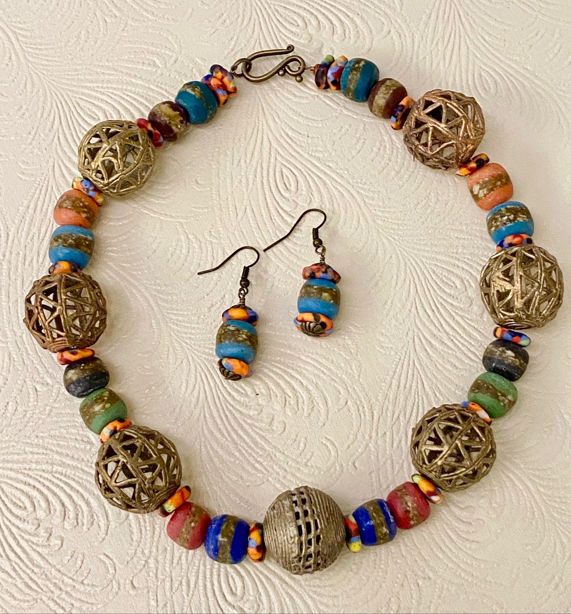 African / Ghana Glass & Brass Bead Necklace & Earring Set