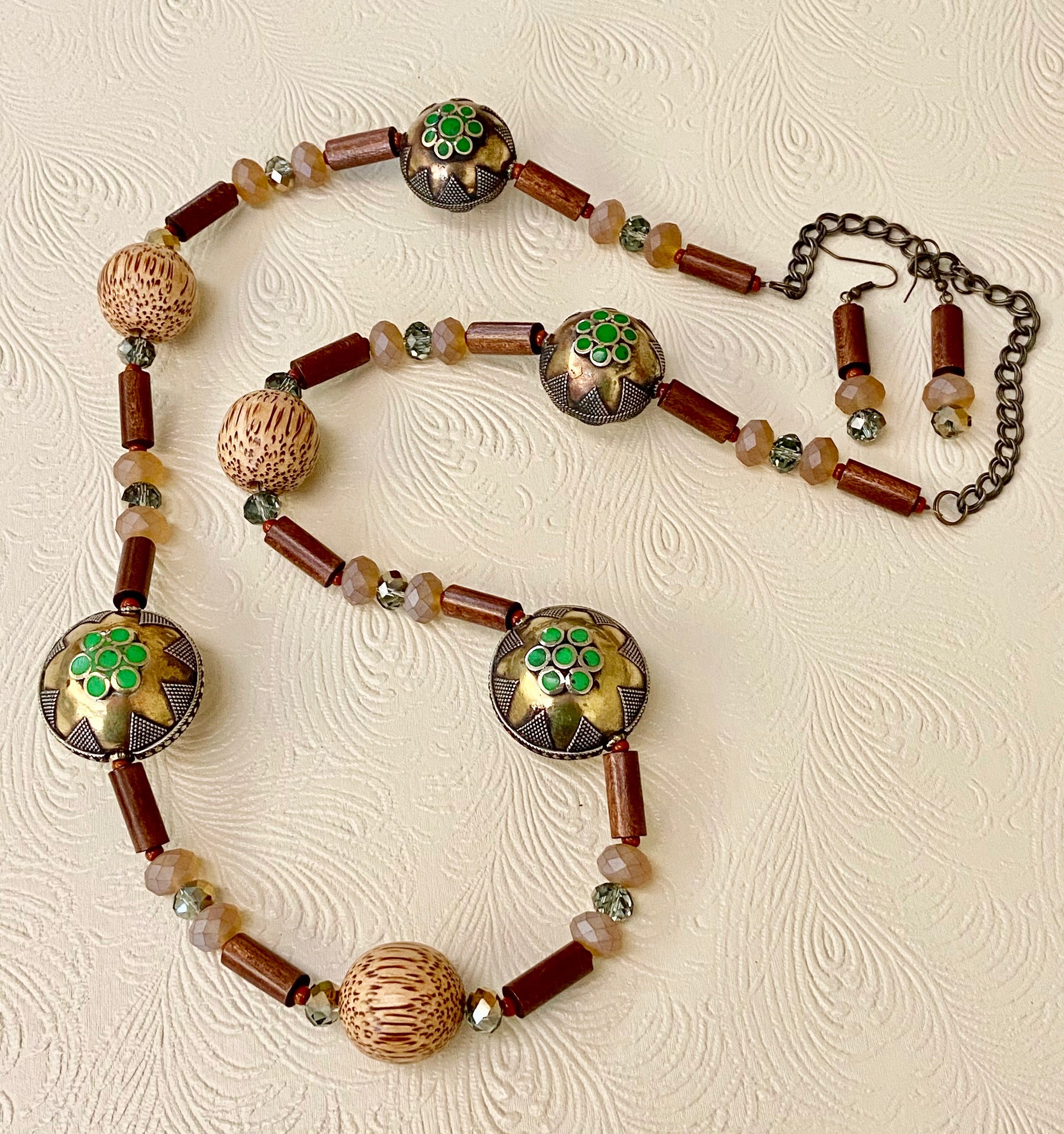 Afghani Inlaid Brass, Crystal & Wood Beads Necklace & Earring Set